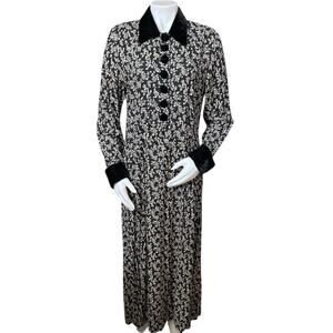 Vintage Lucia Lukken Maxi Dress Floral ,Velvet Black /Beige Collar and Cuff M